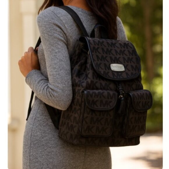 Michael Kors Backpack Monogram Black Brown Leather Trim Adjustable Straps - Picture 1 of 9